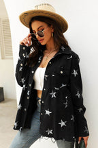 Collared Neck Star Print Long Sleeve Denim Jacket - Delanoir