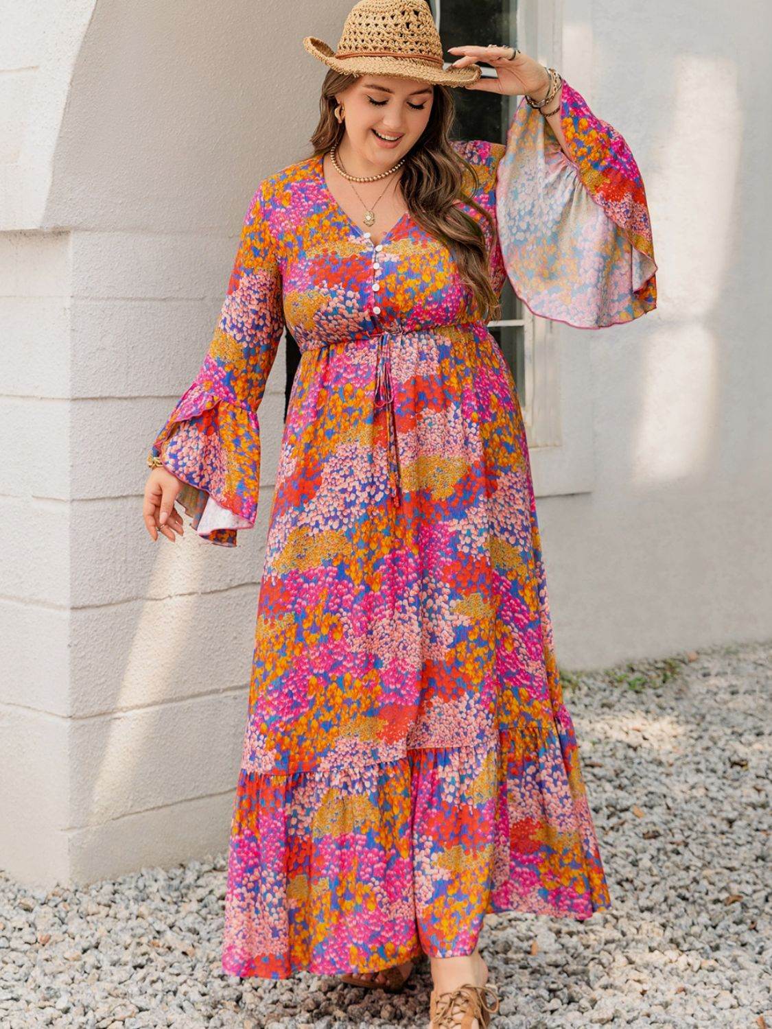 Plus Size Printed V-Neck Long Sleeve Maxi Dress - Delanoir