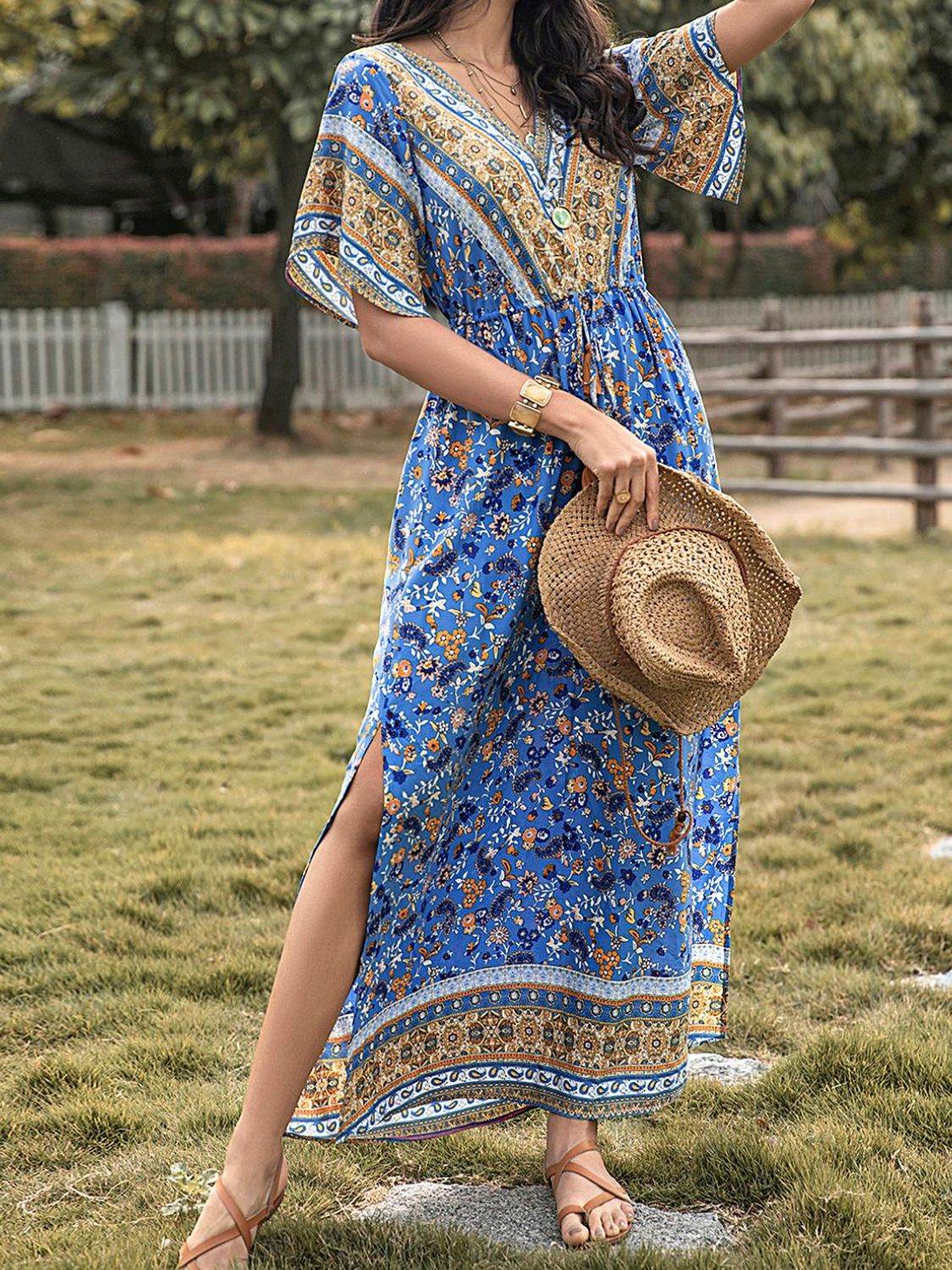 Slit Printed V-Neck Half Sleeve Maxi Dress - Delanoir