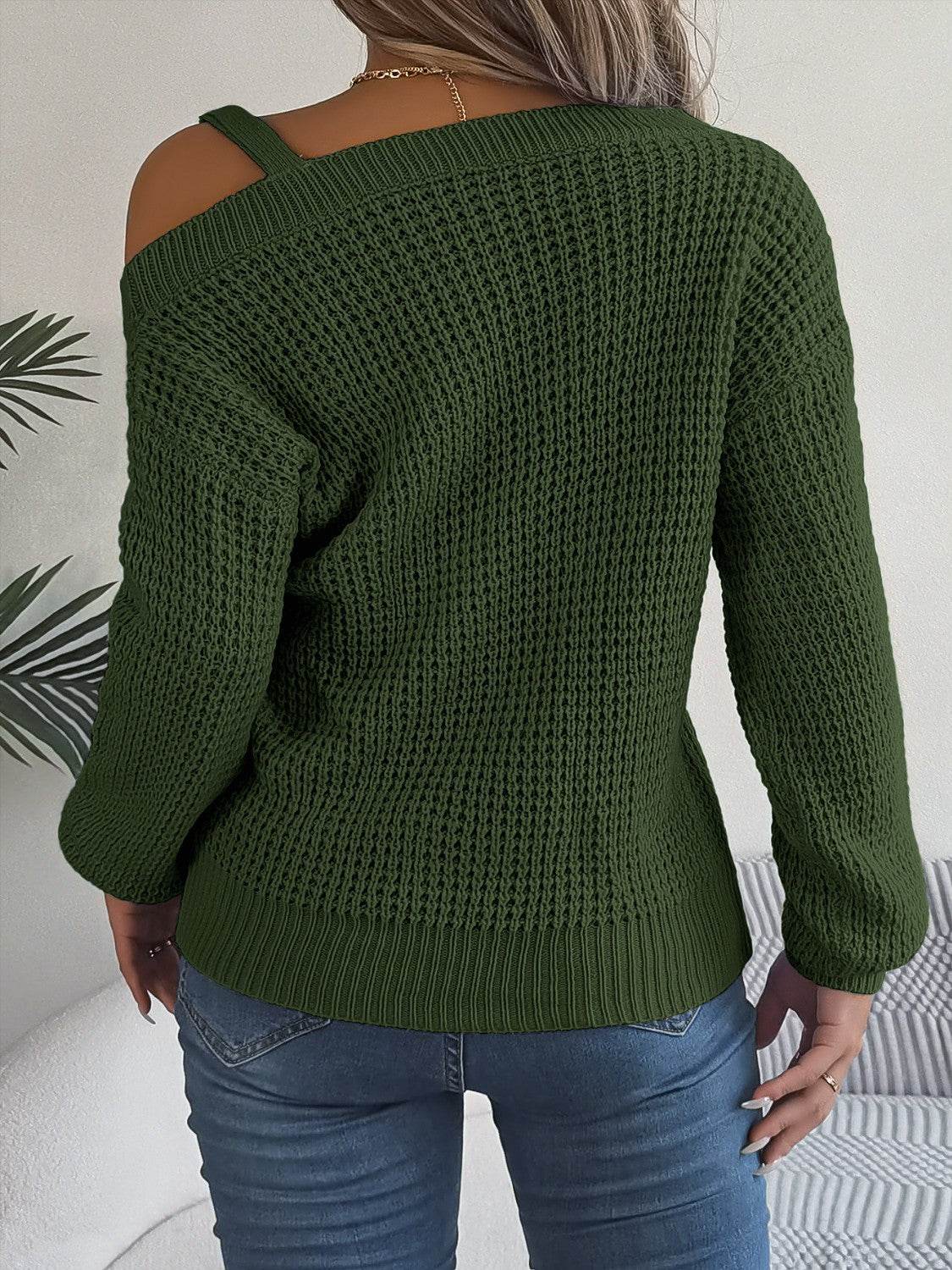 Asymmetrical Neck Long Sleeve Sweater - Delanoir