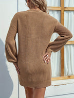 V-Neck Dropped Shoulder Mini Sweater Dress - Delanoir