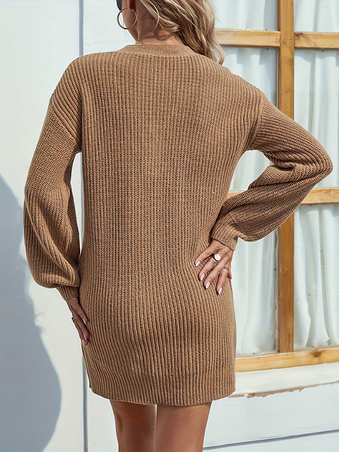 V-Neck Dropped Shoulder Mini Sweater Dress - Delanoir