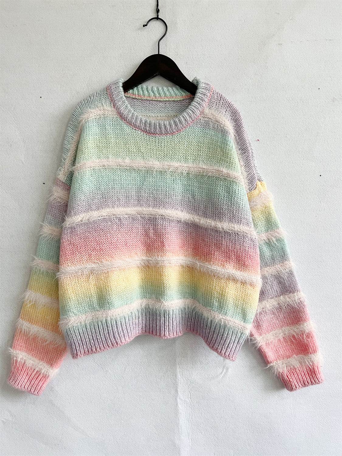 Striped Round Neck Long Sleeve Sweater - Delanoir