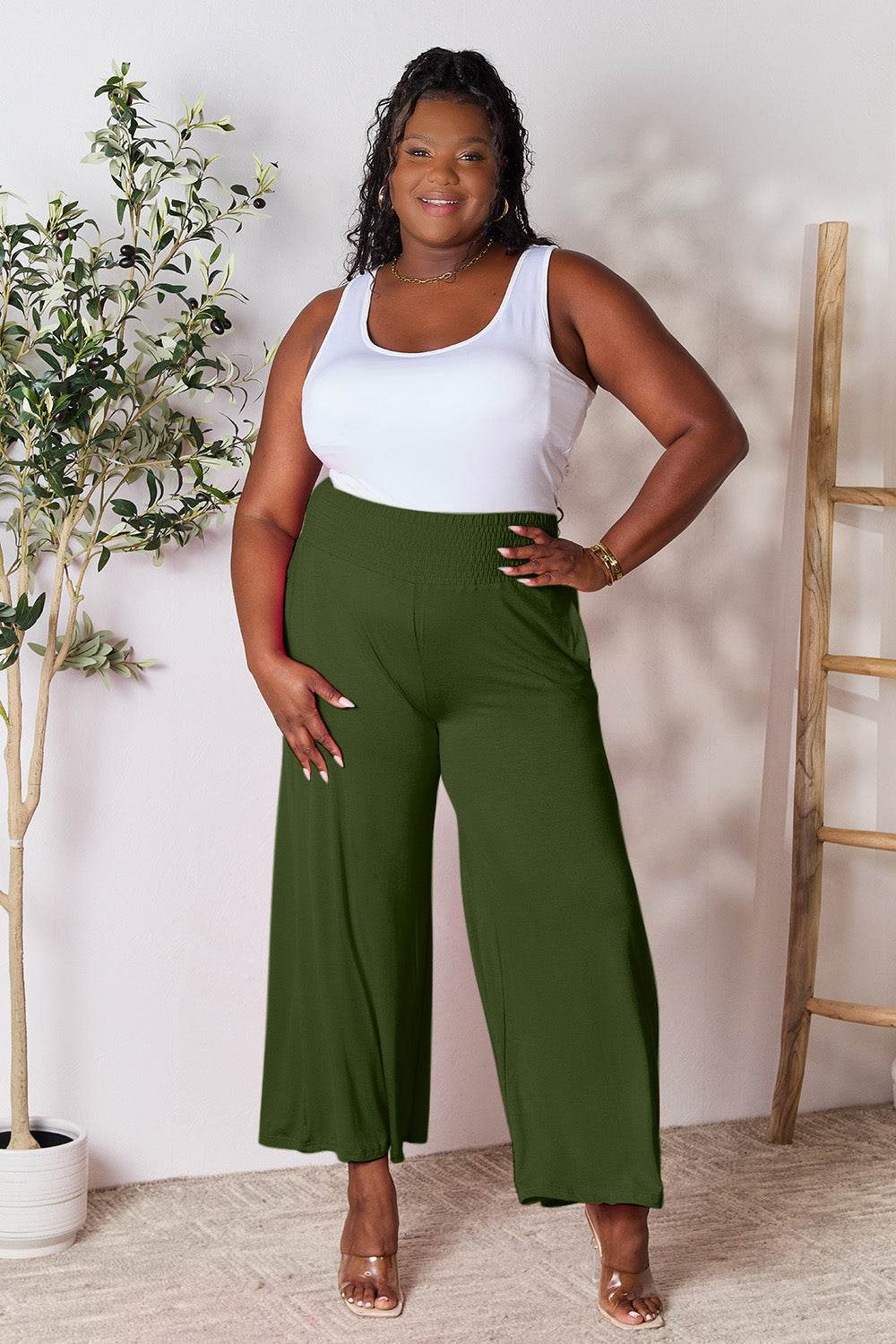 Double Take Full Size Smocked Wide Waistband Wide Leg Pants - Delanoir