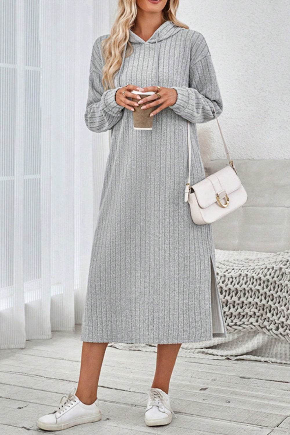 Side Slit Drawstring Long Sleeve Hooded Dress - Delanoir