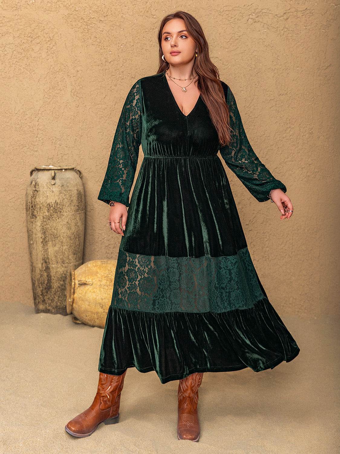 Plus Size Lace Patchwork V-Neck Balloon Sleeve Midi Dress - Delanoir