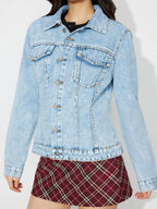 Button Up Long Sleeve Denim Shacket - Delanoir