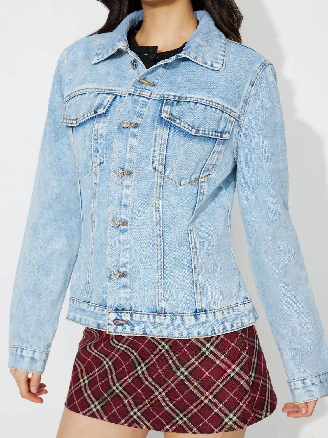 Button Up Long Sleeve Denim Shacket - Delanoir