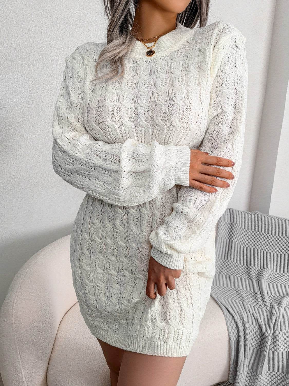 Cable-Knit Round Neck Mini Wrap Sweater Dress - Delanoir