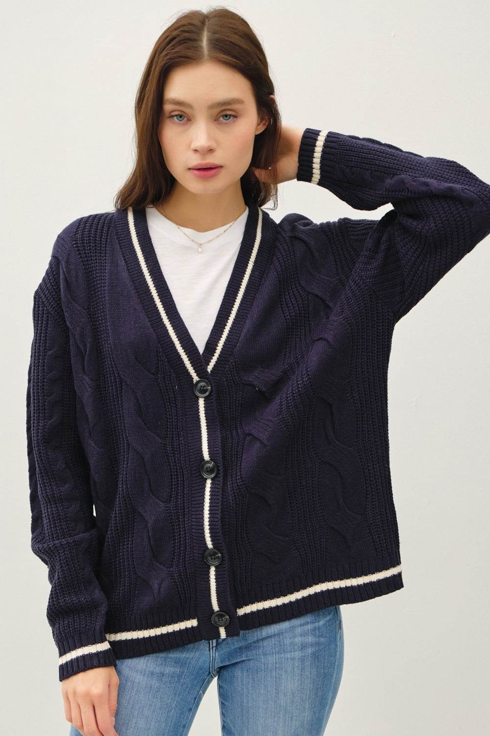 Be Cool Contrast Trim Cable-Knit V-Neck Cardigan - Delanoir