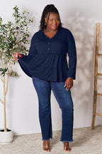 Double Take Half Button Long Sleeve Ruffle Hem Blouse - Delanoir