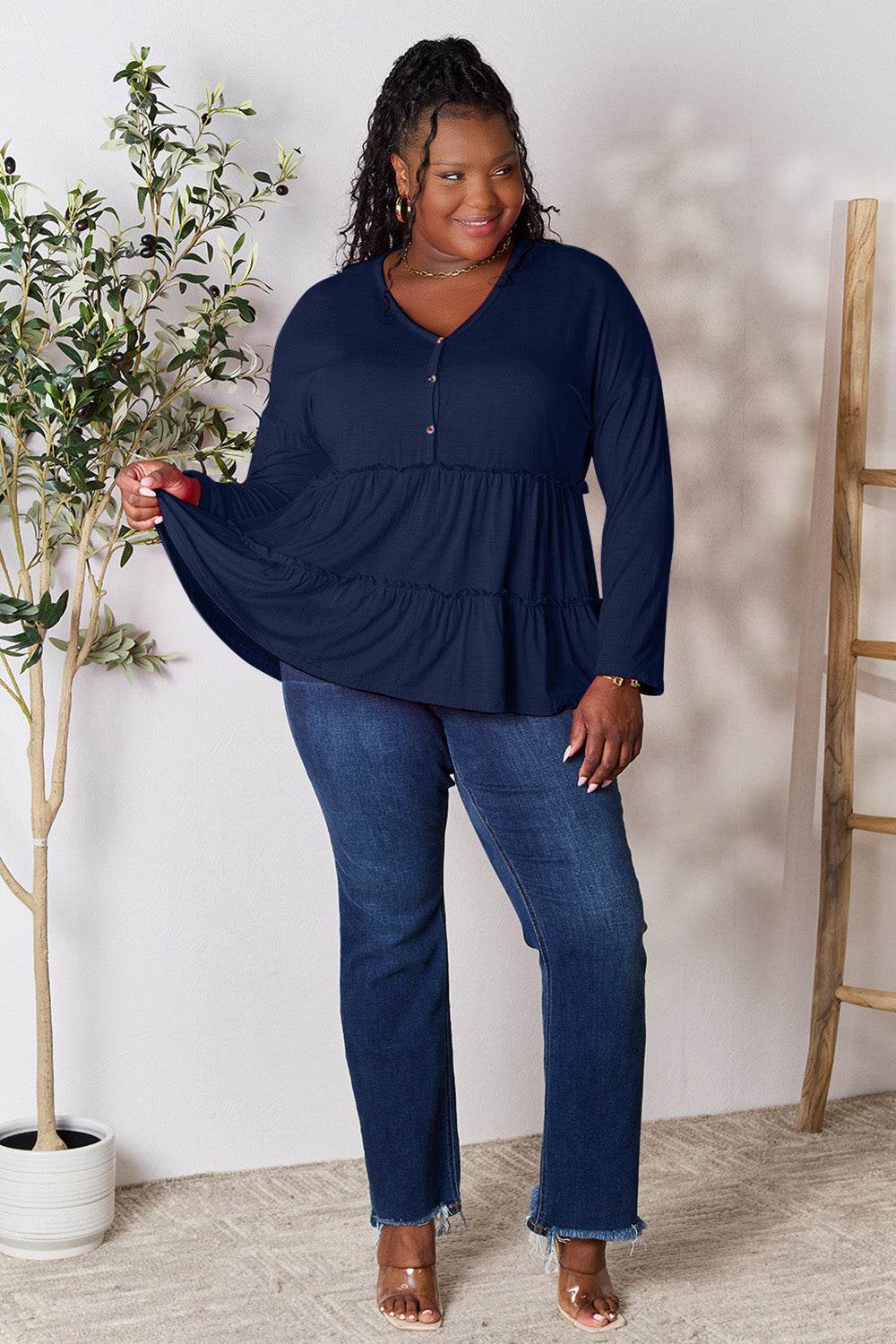 Double Take Half Button Long Sleeve Ruffle Hem Blouse - Delanoir