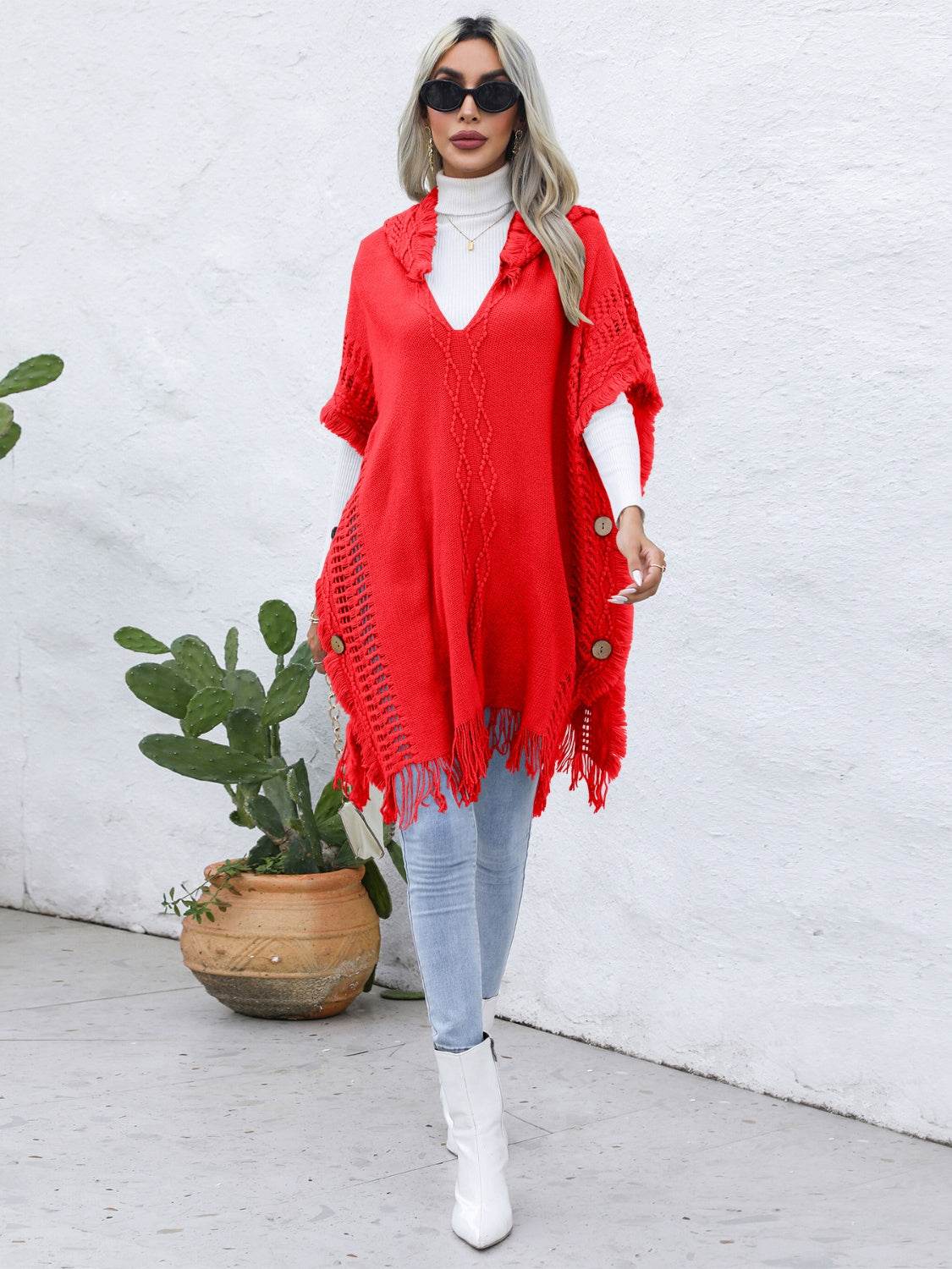 Fringe Trim Buttoned Hooded Poncho - Delanoir