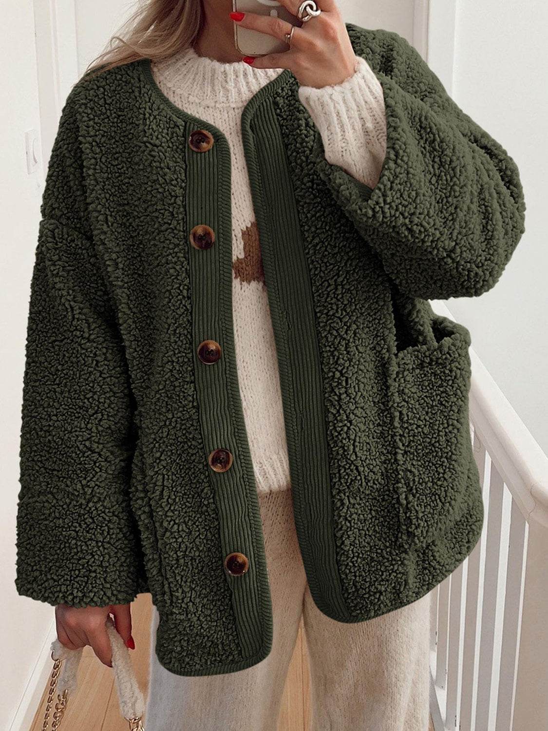 Contrast Button Up Sherpa Jacket with Pockets - Delanoir