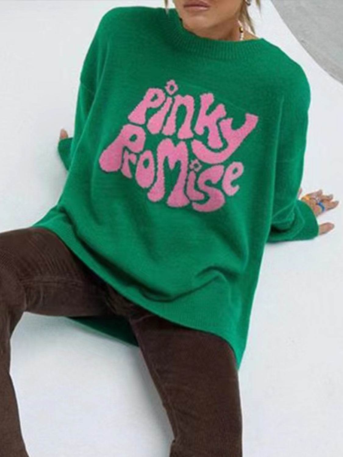 PINKY PROMISE Round Neck Drop Shoulder Sweater - Delanoir