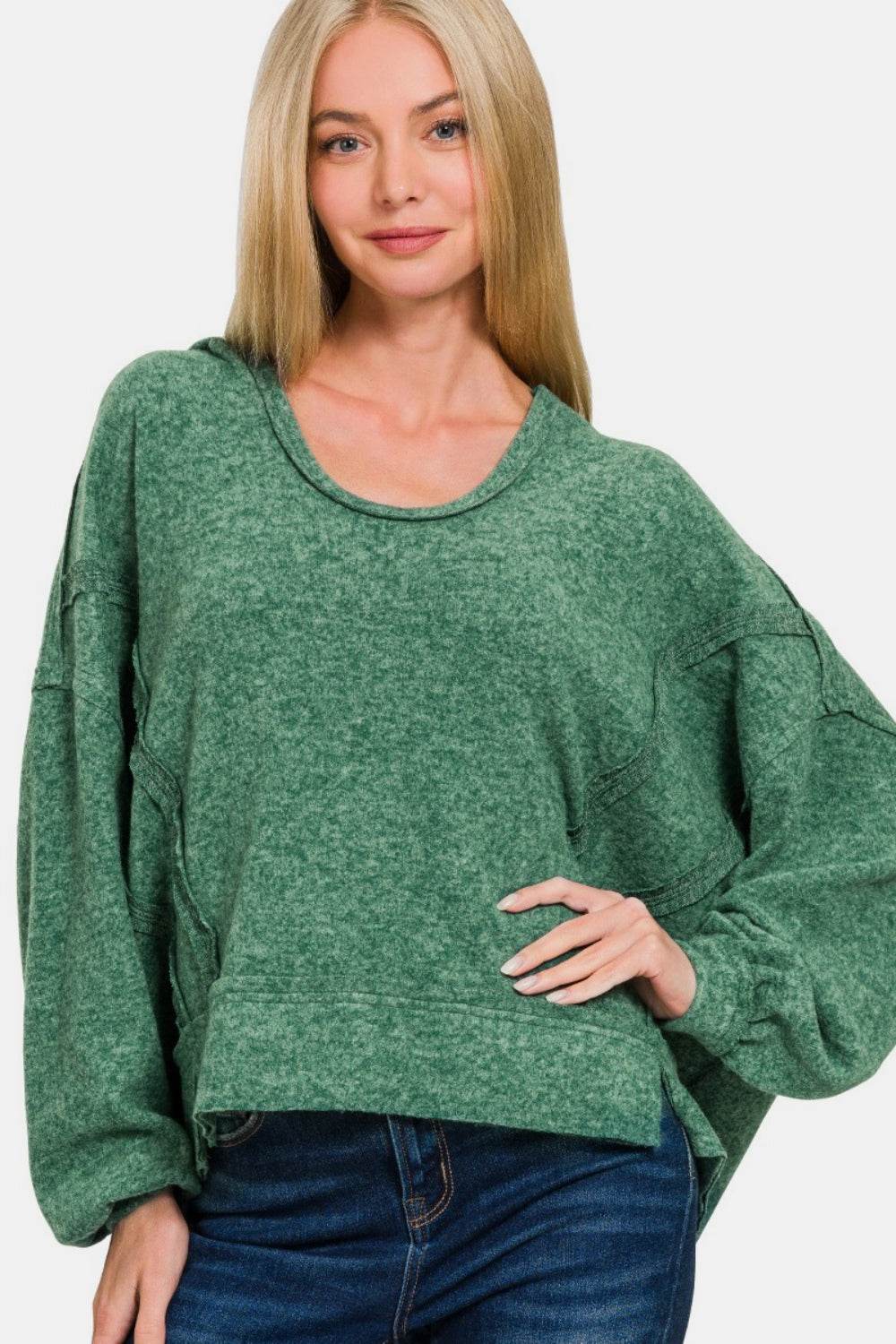 Zenana Brushed Hacci Exposed Seam Hoodie - Delanoir