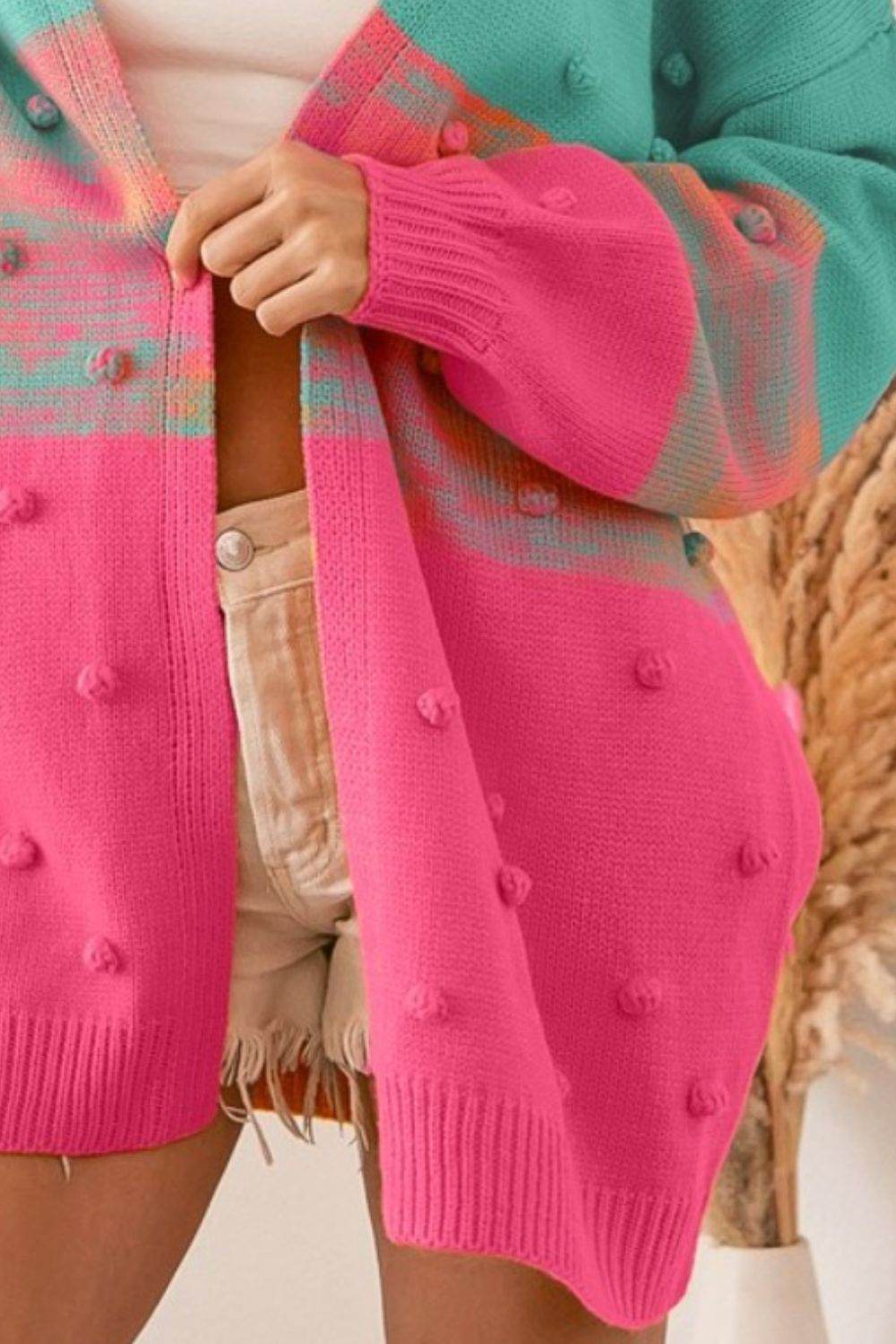 BiBi Color Block Ponpon Sweater Cardigan - Delanoir