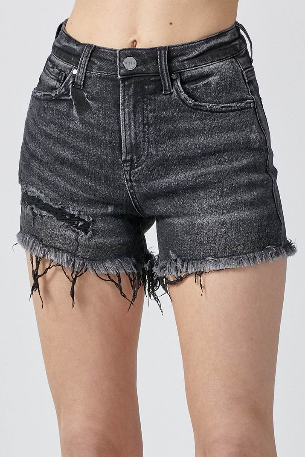 RISEN Raw Hem Denim Shorts with Pockets - Delanoir
