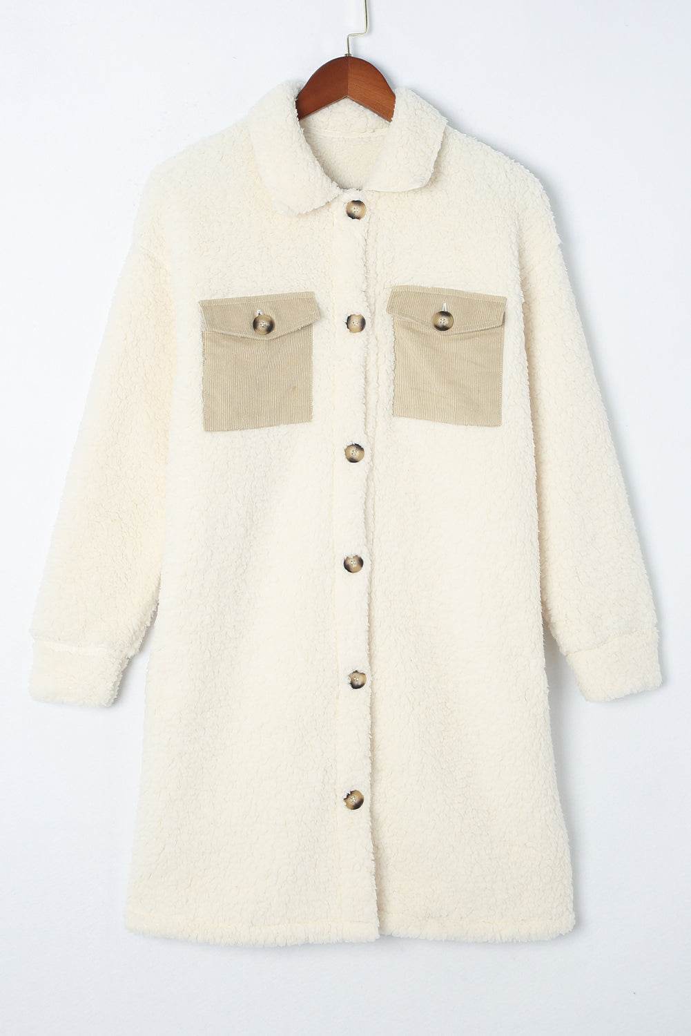 Collared Neck Long Sleeve Longline Teddy Jacket - Delanoir