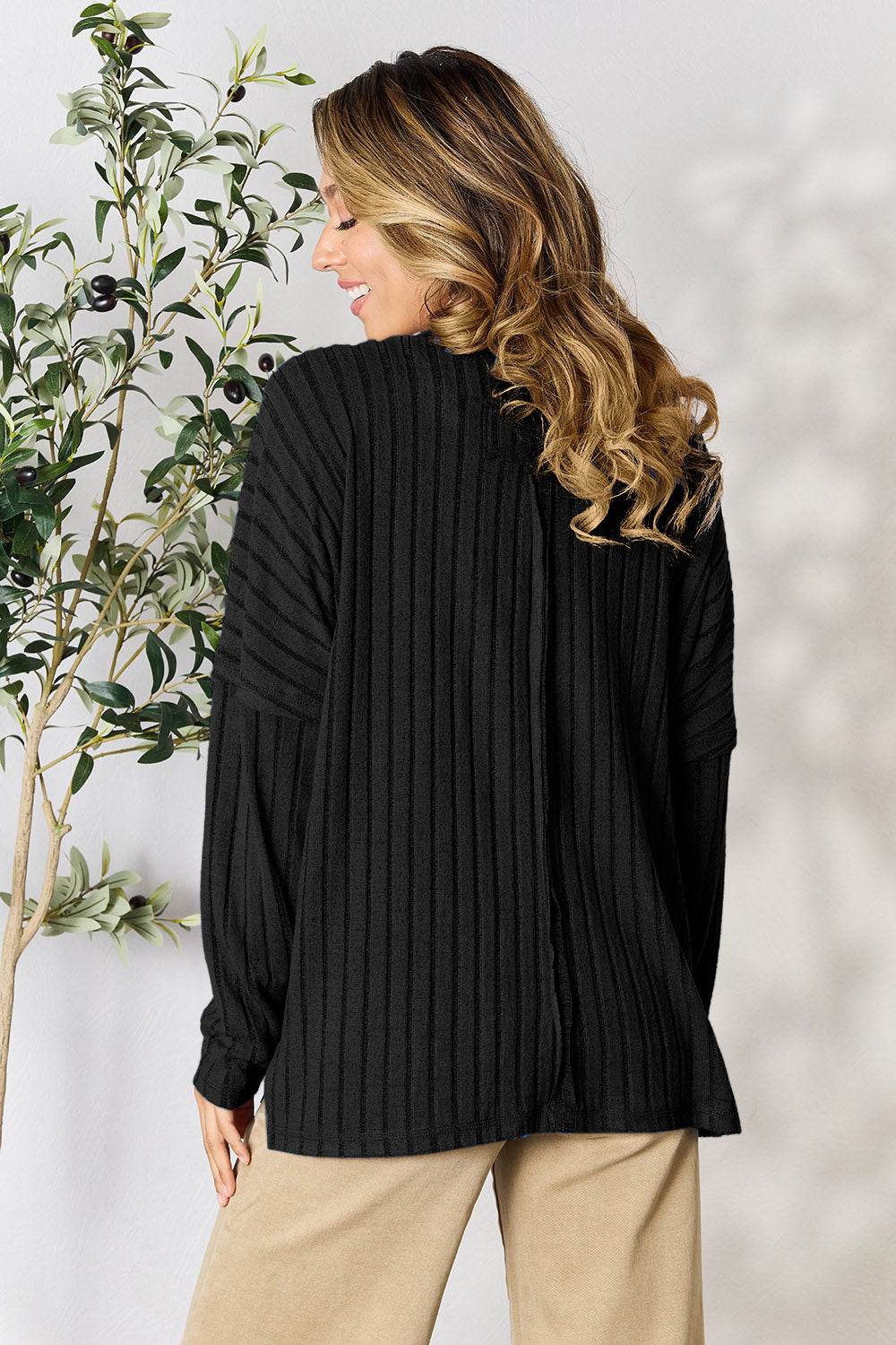 Basic Bae Full Size Ribbed Round Neck Slit Knit Top - Delanoir