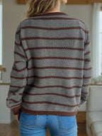 Striped Round Neck Long Sleeve Cardigan - Delanoir