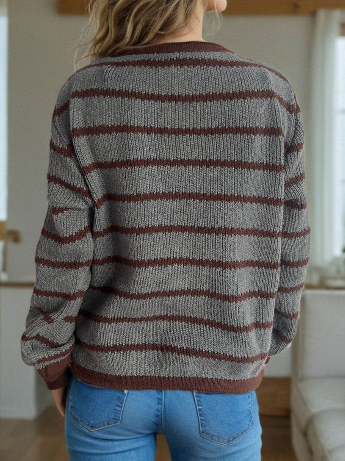 Striped Round Neck Long Sleeve Cardigan - Delanoir