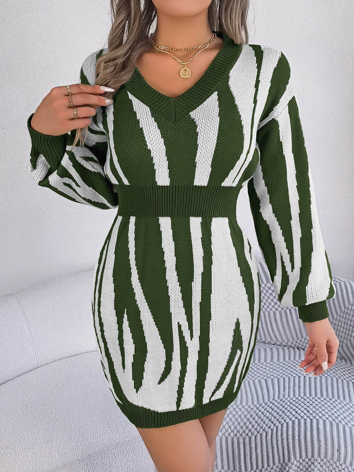 Animal Print V-Neck Long Sleeve Sweater Dress - Delanoir