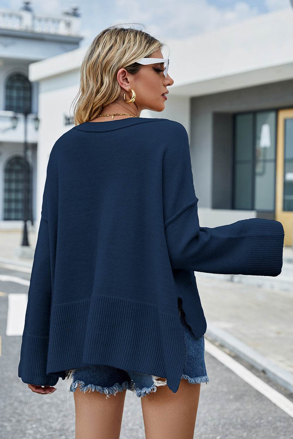 High-Low Slit Round Neck Long Sleeve Sweater - Delanoir
