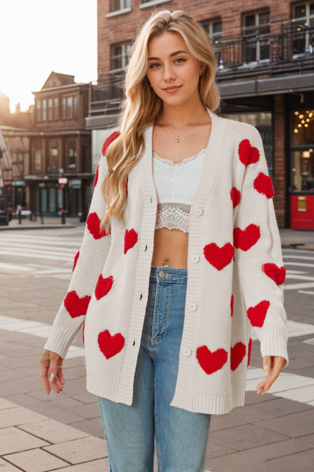 Heart Button Down Long Sleeve Cardigan - Delanoir