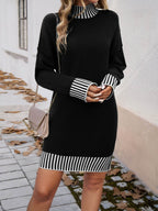 Devine Striped Mock Neck Long Sleeve Sweater Dress - Delanoir