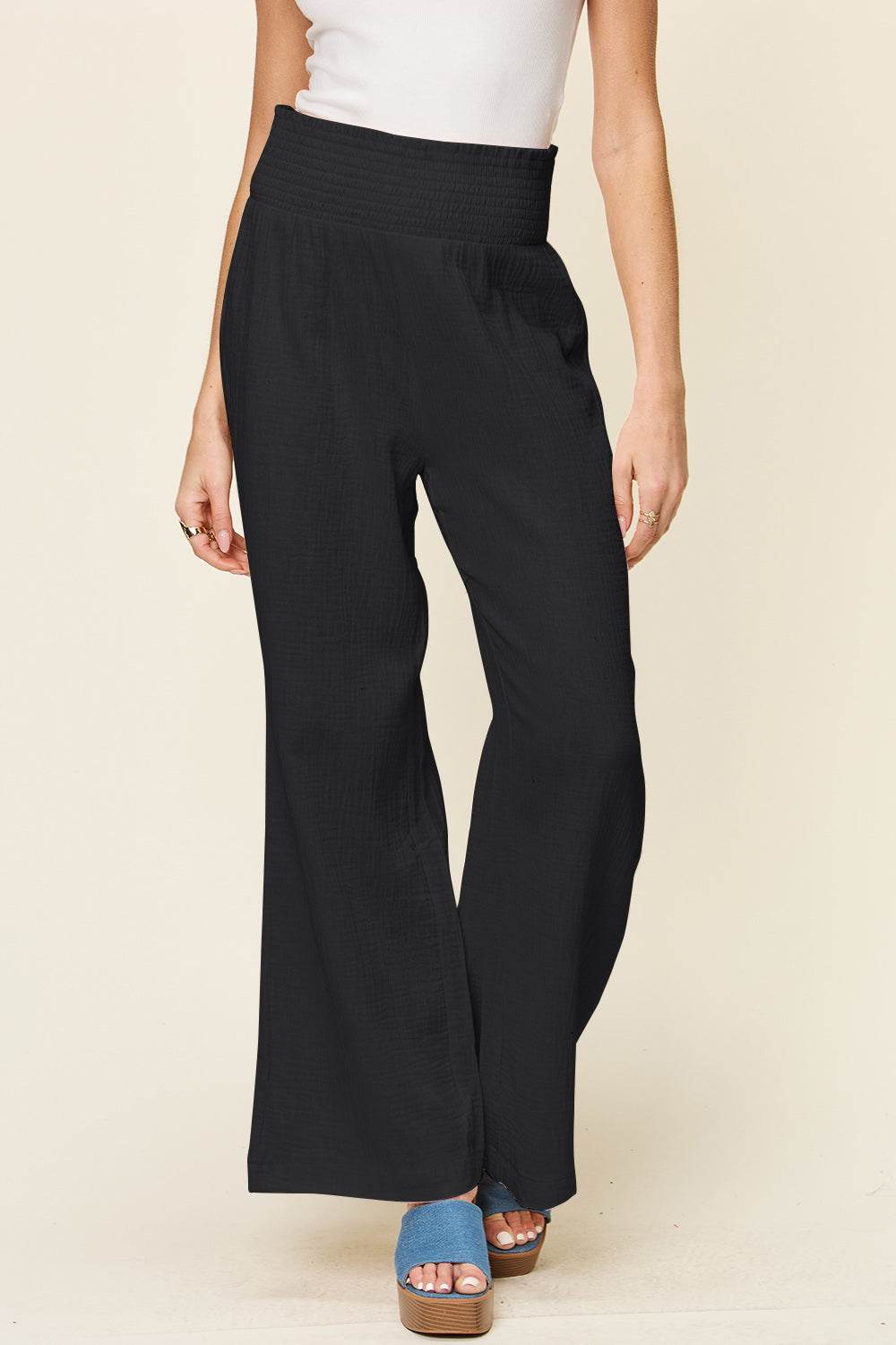 Double Take Full Size Texture Smocked Waist Wide Leg Pants - Delanoir