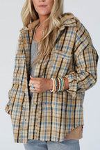 Drawstring Waffle Knit Patchwork Hooded Plaid Shacket - Delanoir