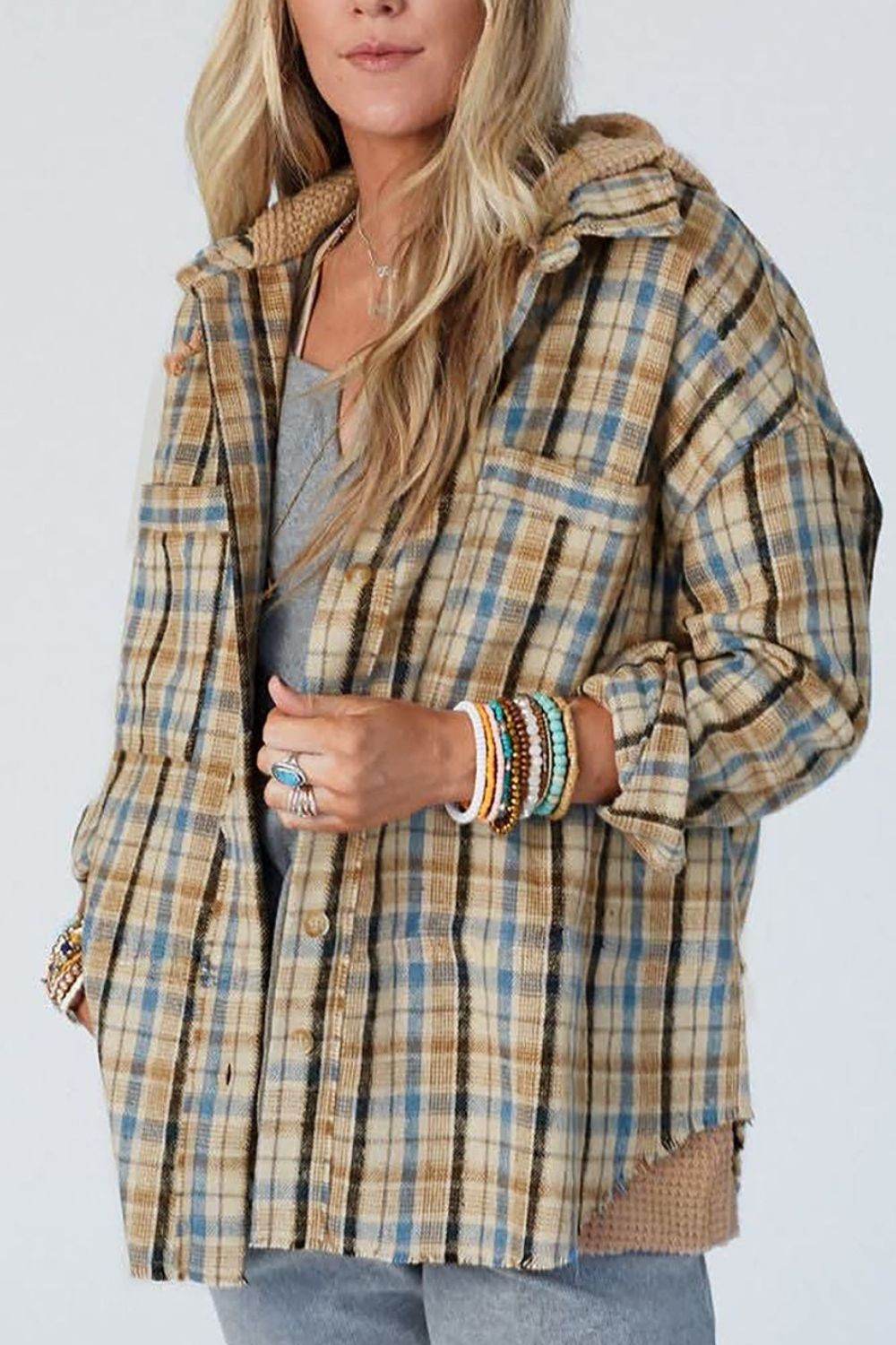 Drawstring Waffle Knit Patchwork Hooded Plaid Shacket - Delanoir