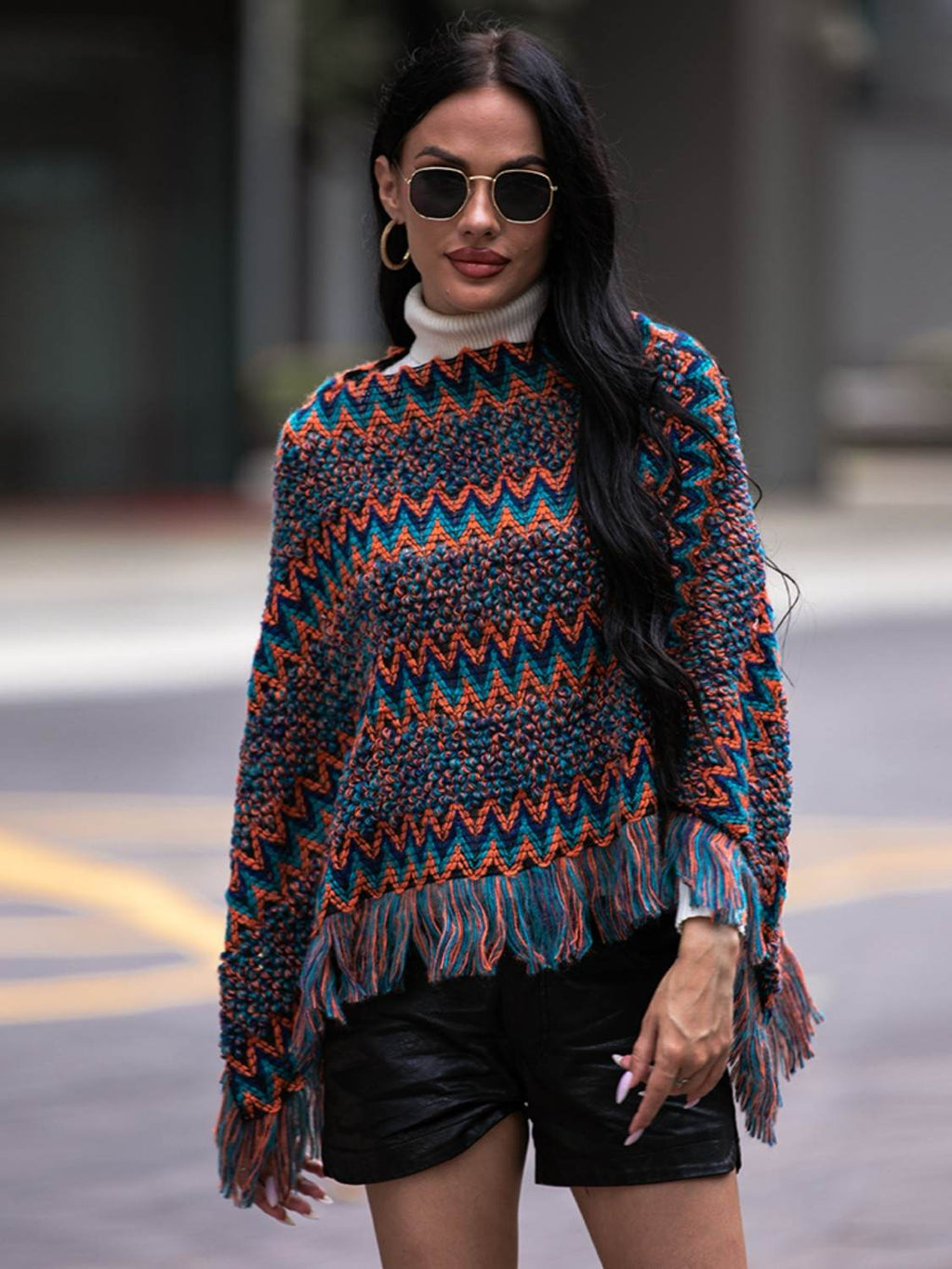 Shiny Fringe Hem Boat Neck Poncho - Delanoir