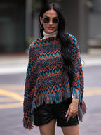 Shiny Fringe Hem Boat Neck Poncho - Delanoir