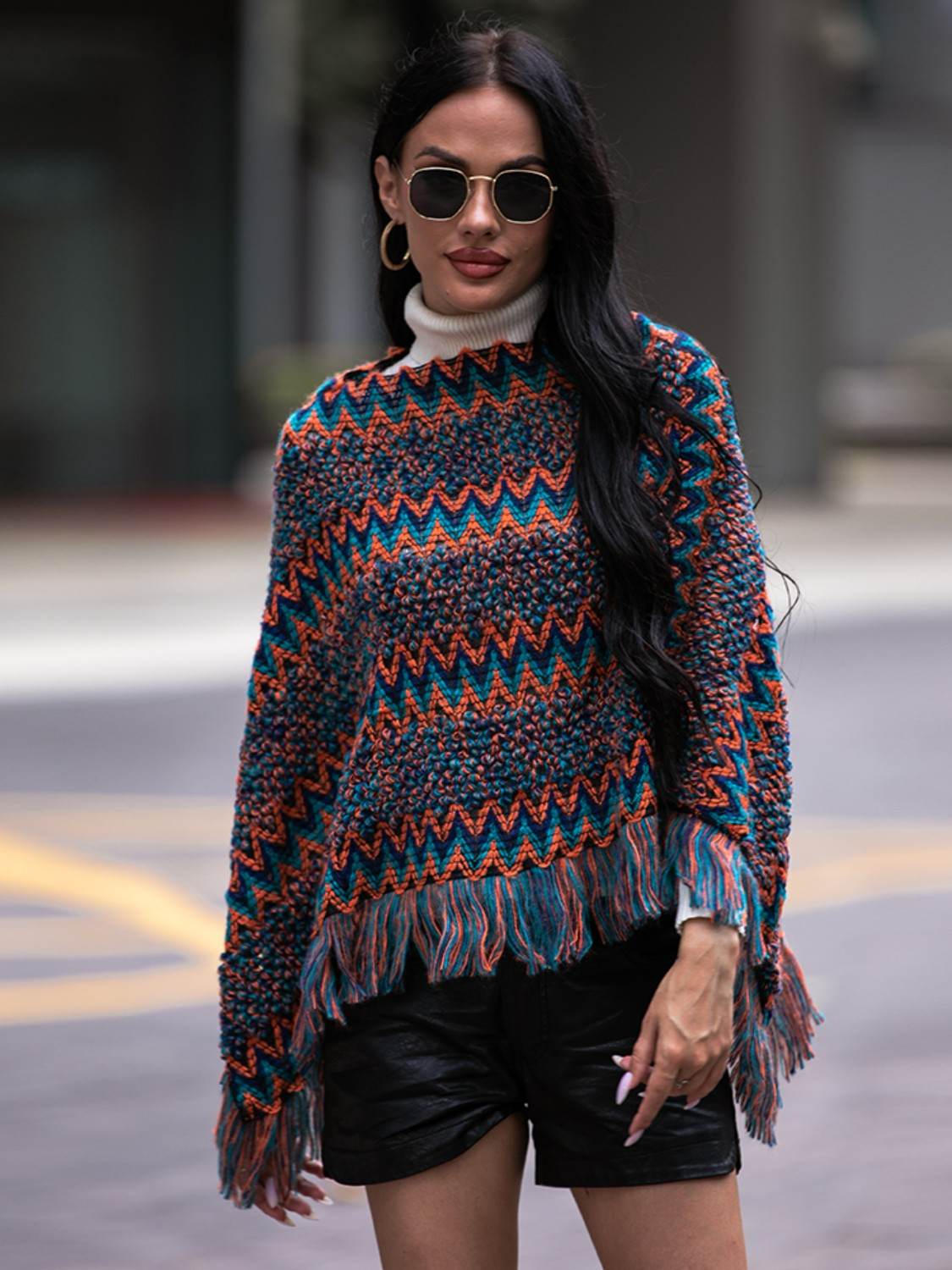 Shiny Fringe Hem Boat Neck Poncho - Delanoir