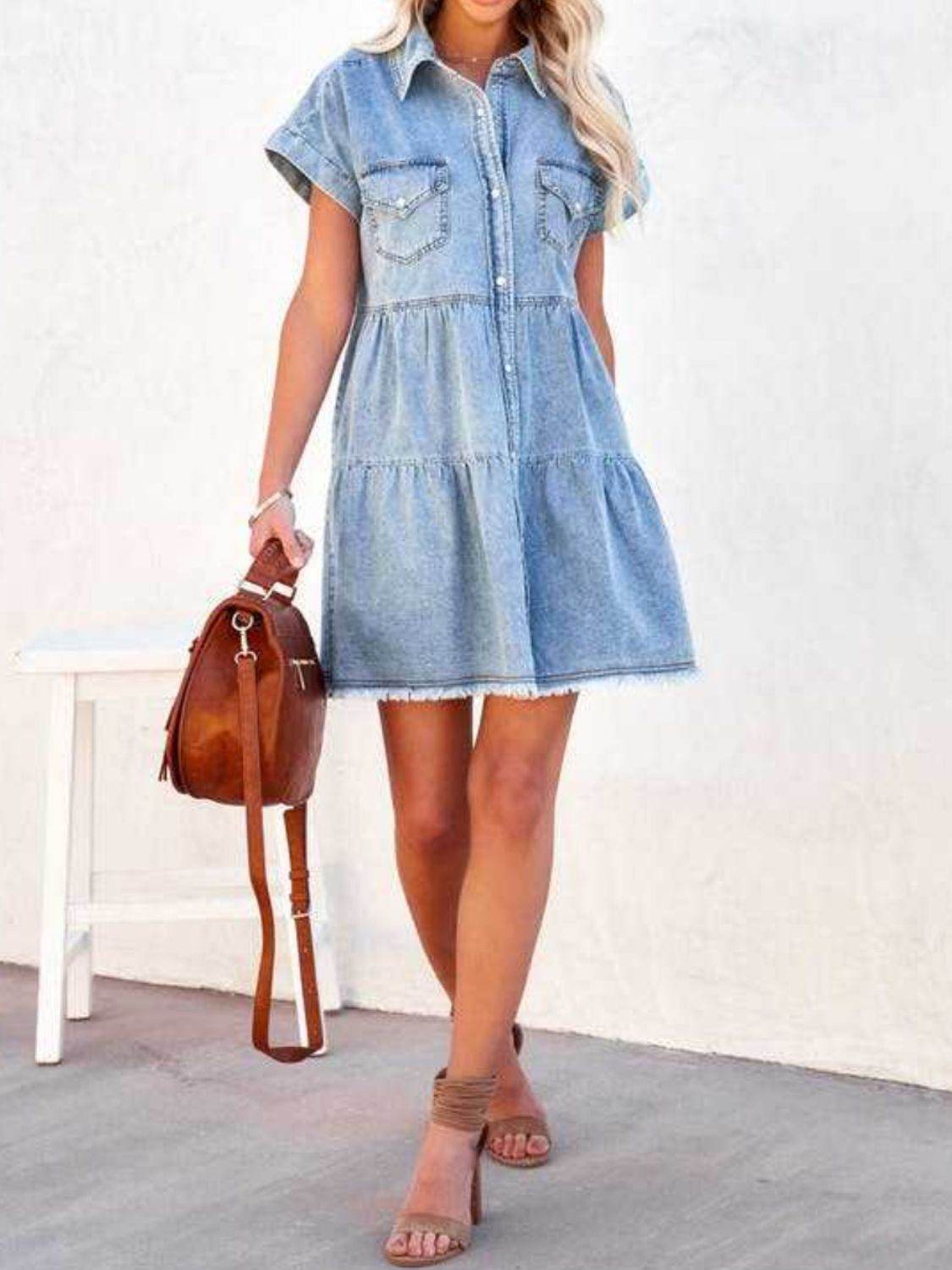 Raw Hem Short Sleeve Denim Dress - Delanoir
