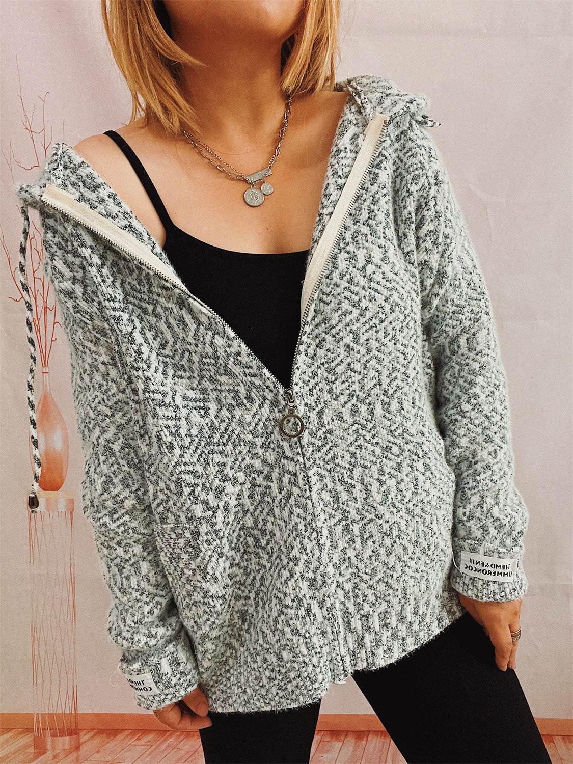 Zip Up Drawstring Long Sleeve Hooded Sweater - Delanoir