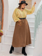 Plus Size Embroidered Pocketed High Waist Skirt - Delanoir