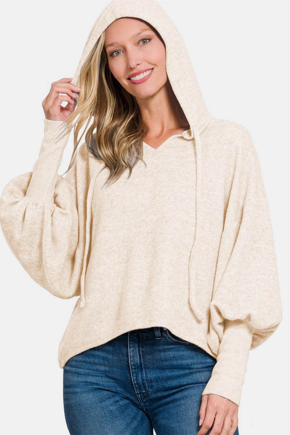Zenana Brushed Hacci Drop Shoulder Cropped Hoodie - Delanoir