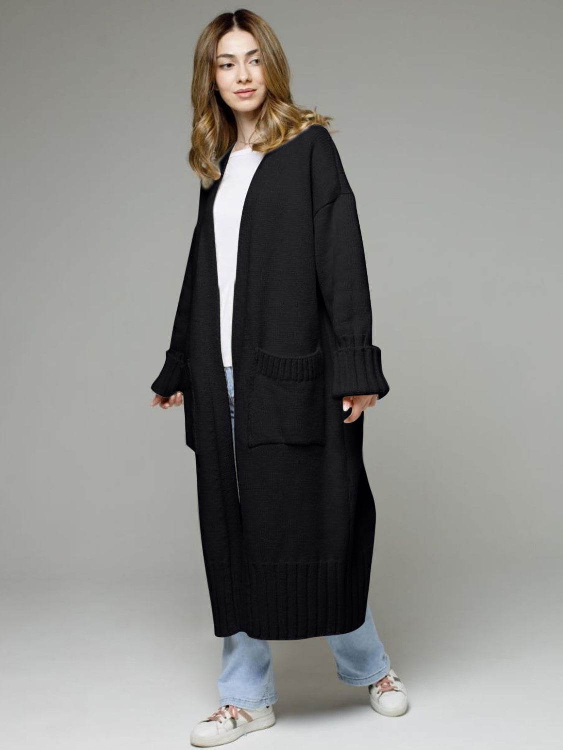Pocketed Open Front Dropped Shoulder Cardigan - Delanoir
