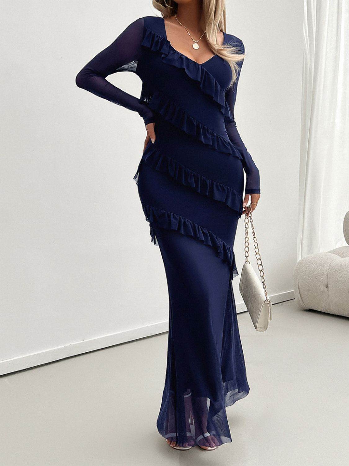 Devine Ruffled Surplice Long Sleeve Maxi Dress - Delanoir