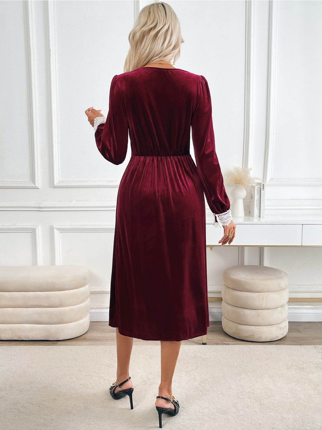 Perfee Lace Detail V-Neck Long Sleeve Midi Dress - Delanoir