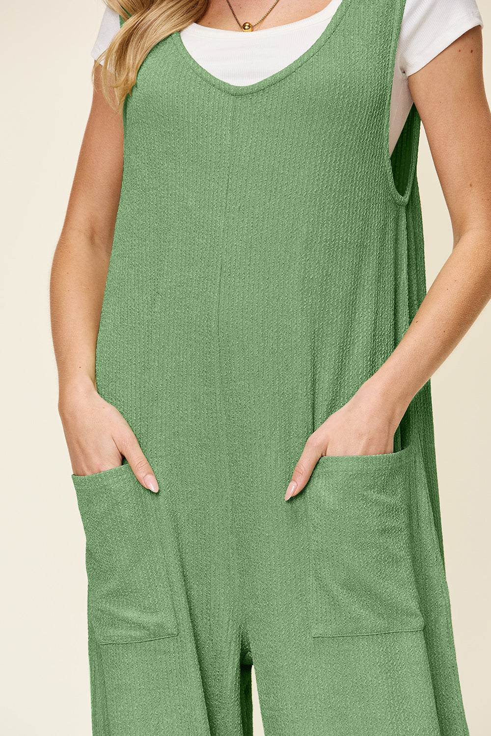 Double Take Full Size Texture Sleeveless Wide Leg Jumpsuit - Delanoir