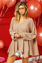 BiBi V-Neck Waffle Uneven Hem Top - Delanoir