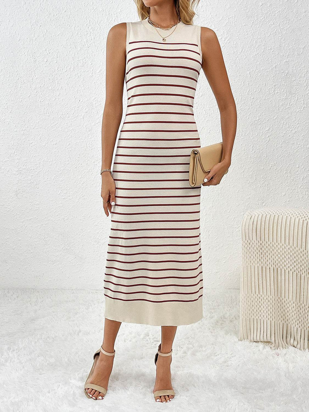 Round Neck Sleeve Midi Knit Dress - Delanoir