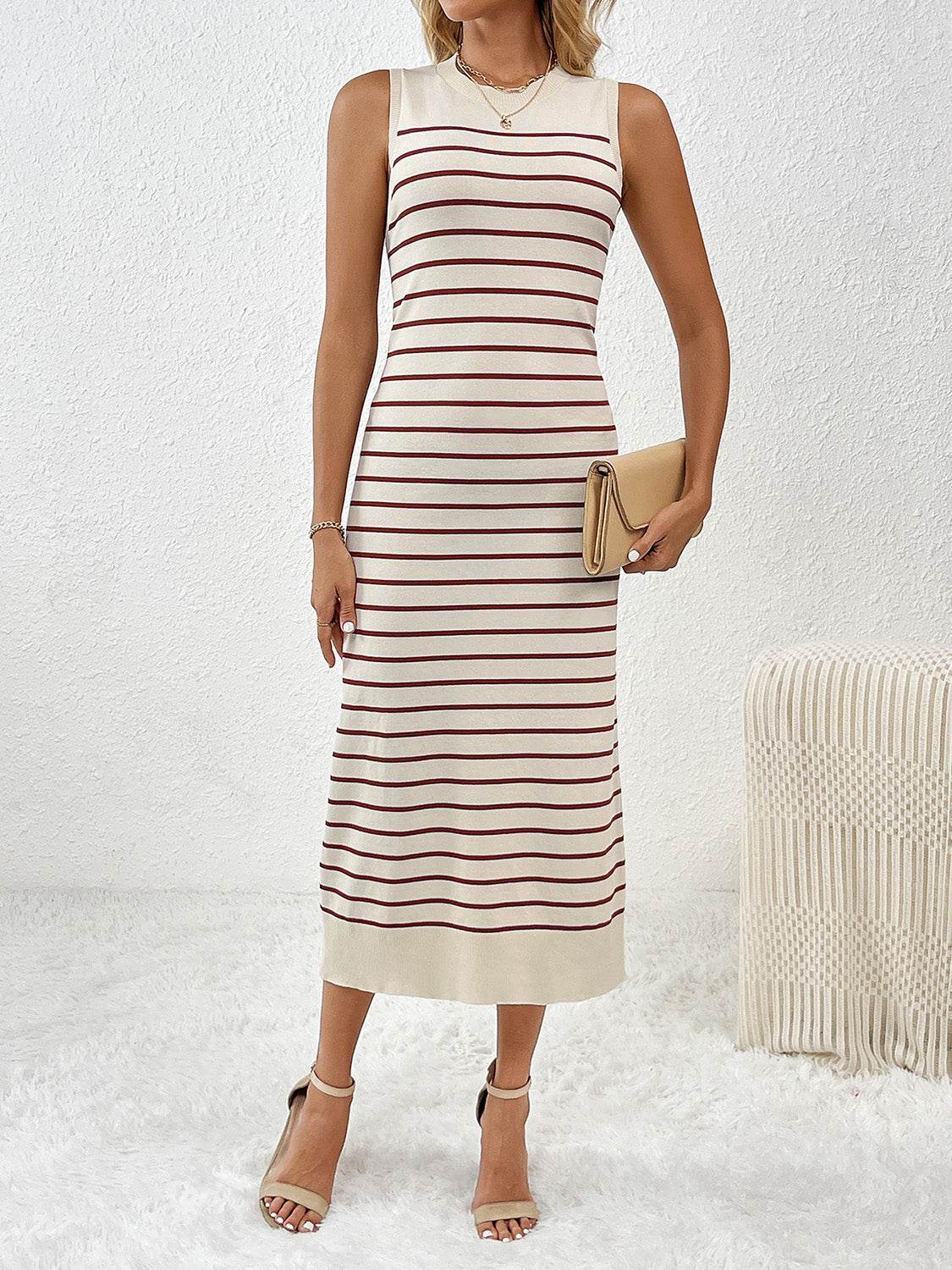 Round Neck Sleeve Midi Knit Dress - Delanoir