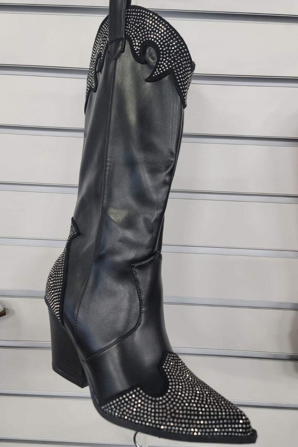 Weeboo Chunky Heel Rhinestone Decor Western Boots - Delanoir