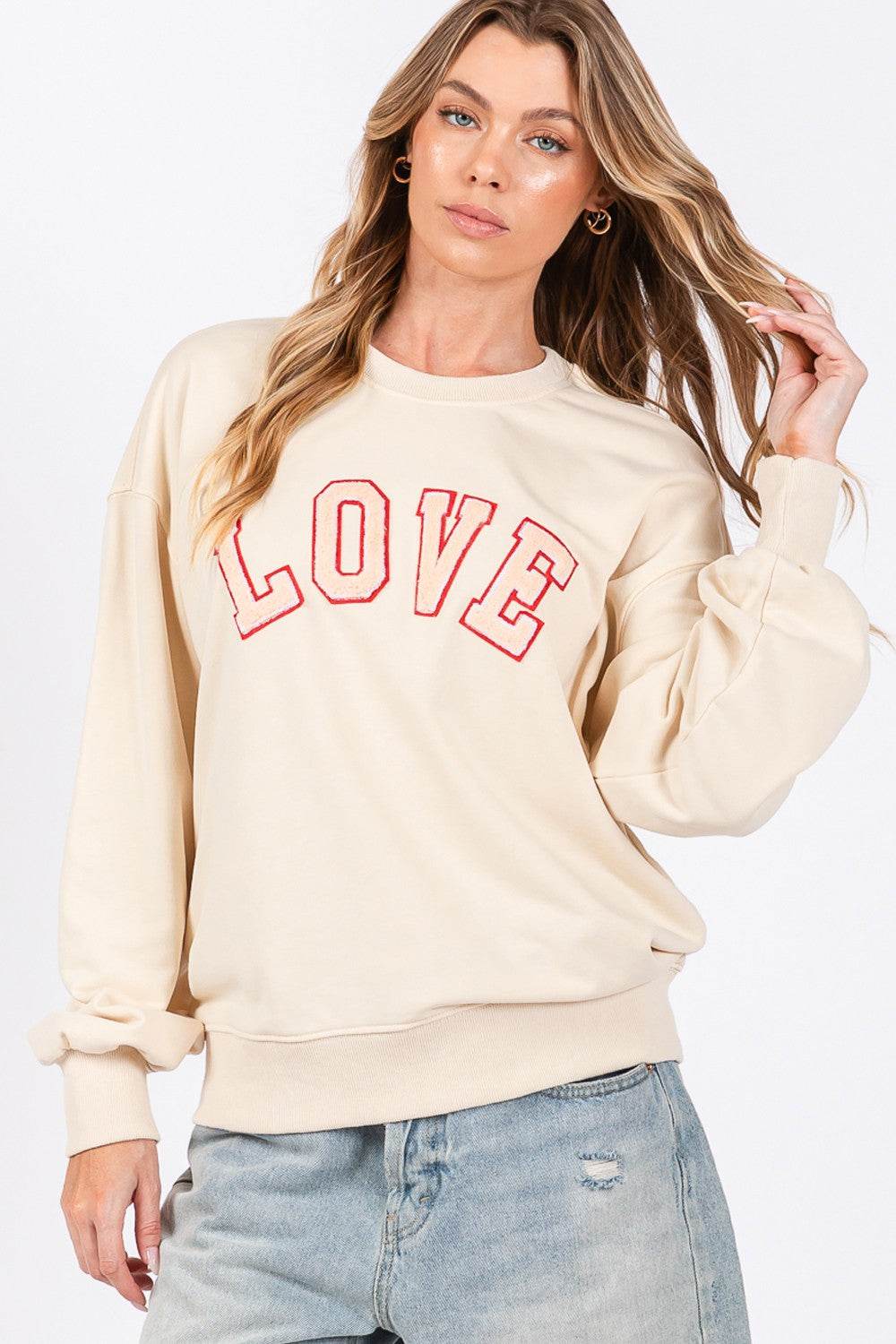 SAGE + FIG LOVE Path Applique Drop Shoulder Sweatshirt - Delanoir