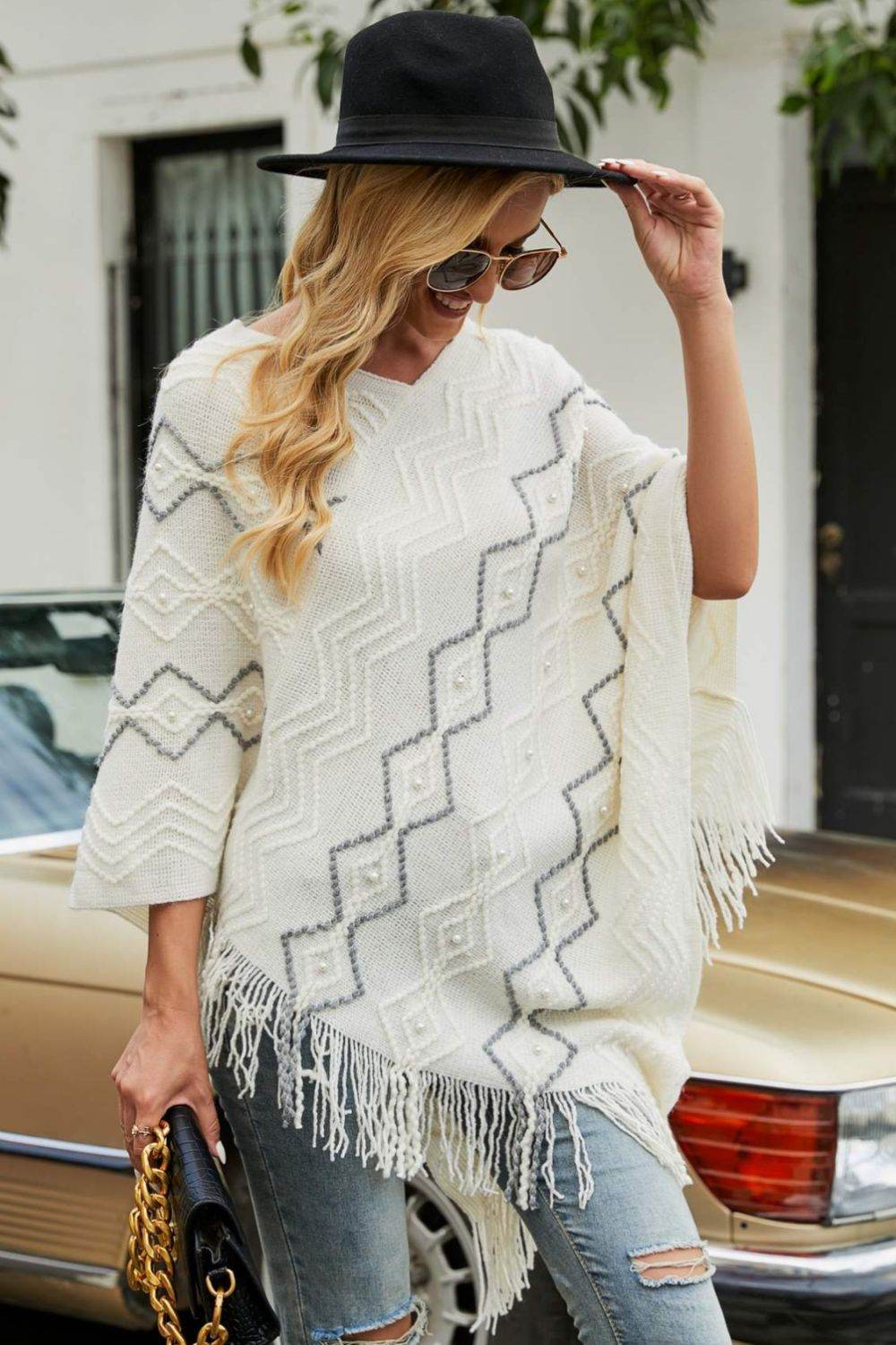 Pearl Trim V-Neck Fringe Hem Poncho - Delanoir